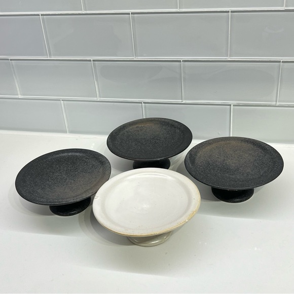 Stoneware Pedestal Mini Dessert Cake Holder/ Pottery Bowl Set of 4 - Picture 4 of 8